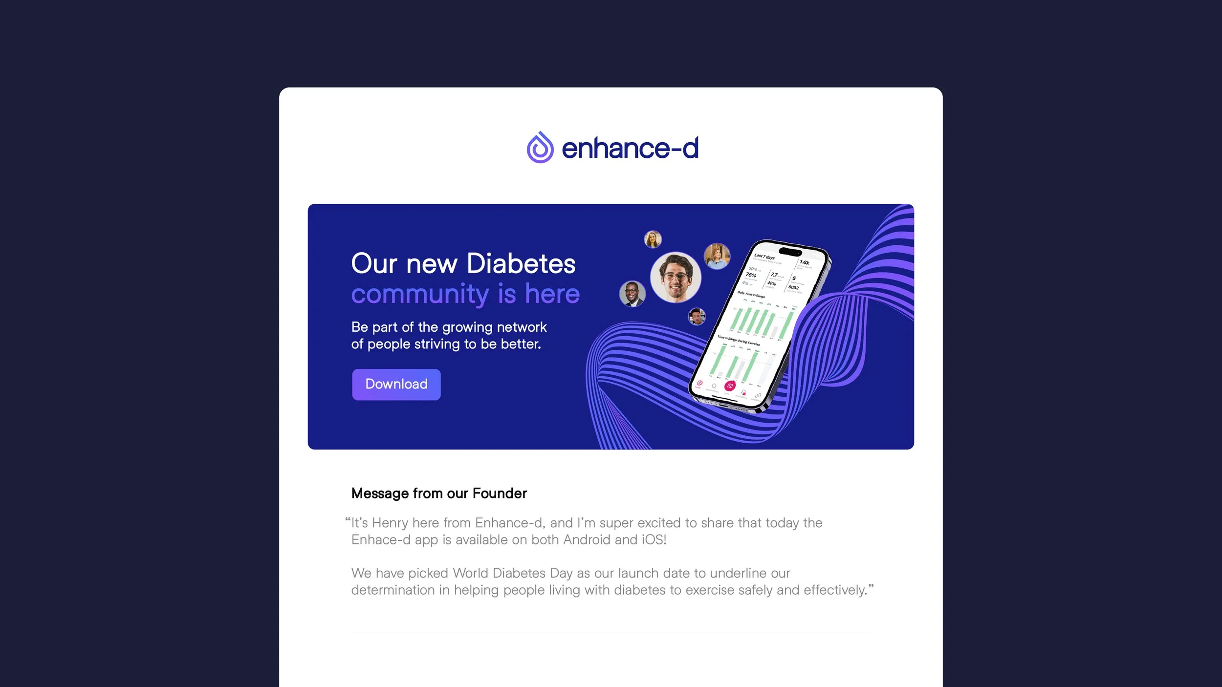 Advertisement for enhance-d's new diabetes community app featuring a smartphone displaying health data, profile images of community members, and a download button.