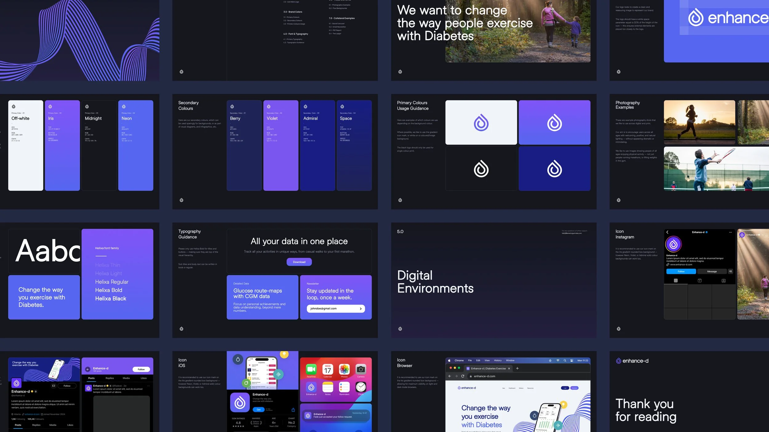 Presentation slides discussing exercise and diabetes, featuring graphics, color schemes, typography guidance, app icon, and screenshots of mobile apps and websites.