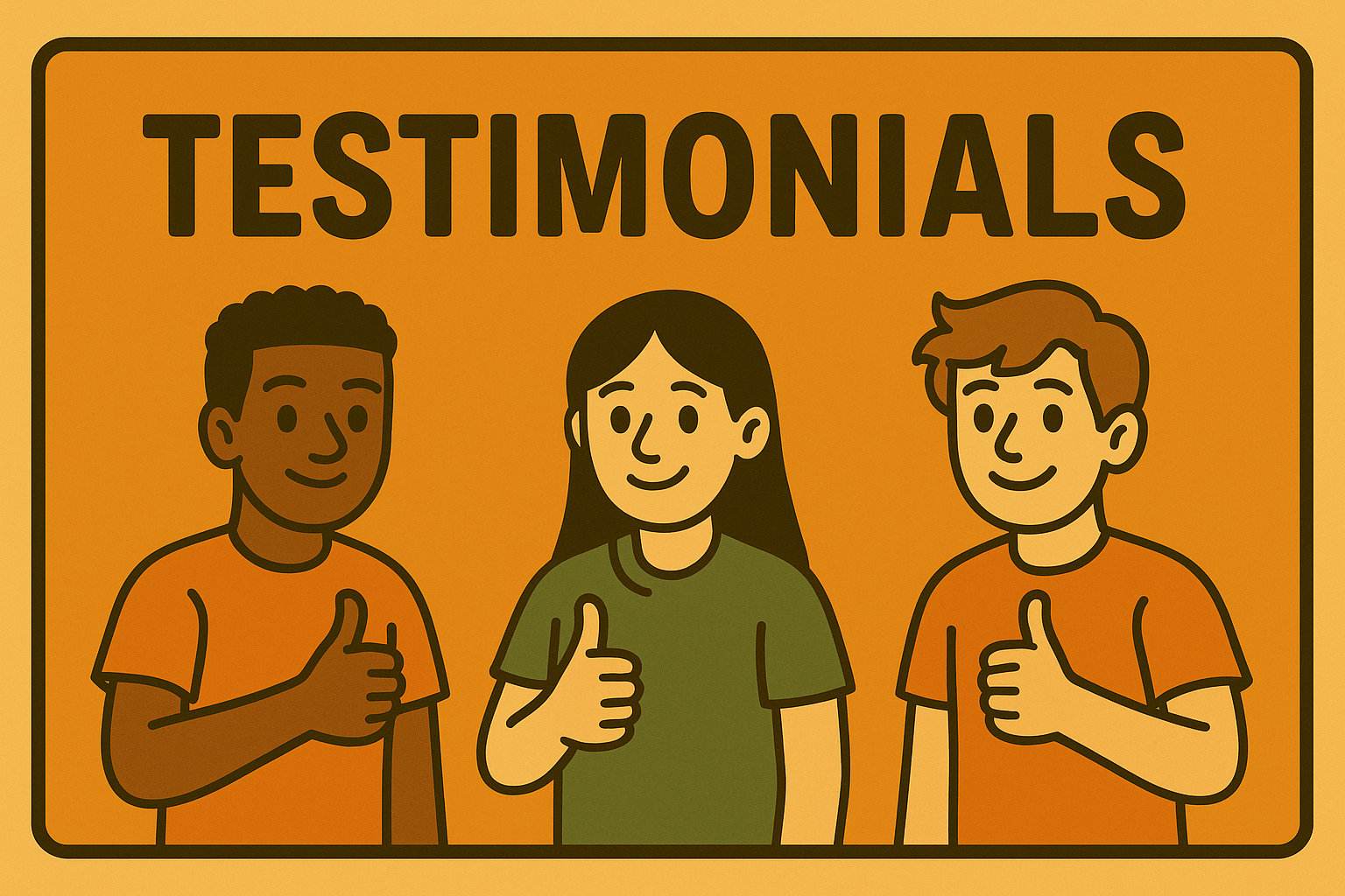 Illustration of three people giving a thumbs-up sign beneath a sign that says 'Testimonials'