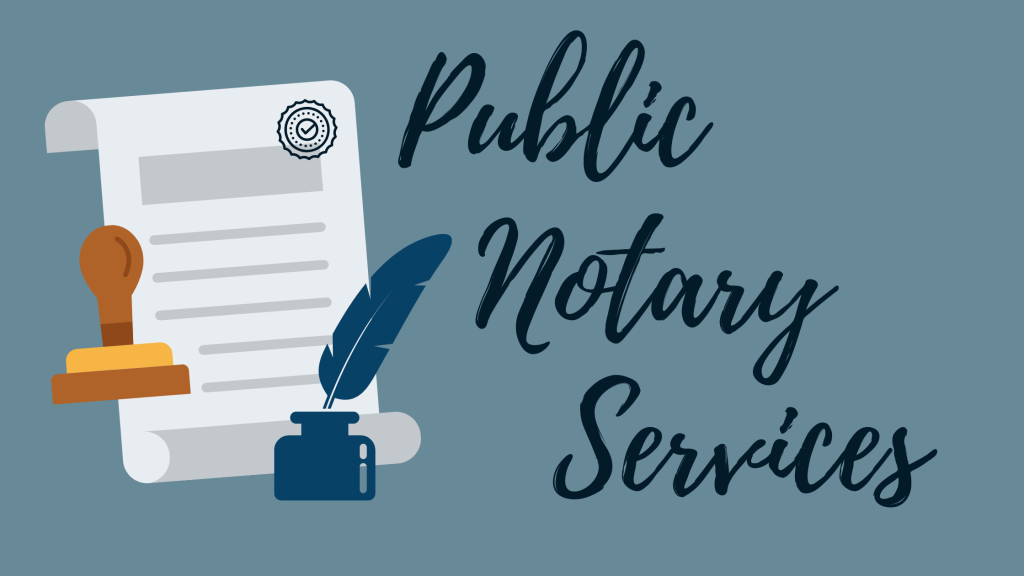 Illustration of a notary public with a stamp, ink bottle, and written document, alongside the text 'Public Notary Services' on a blue background.