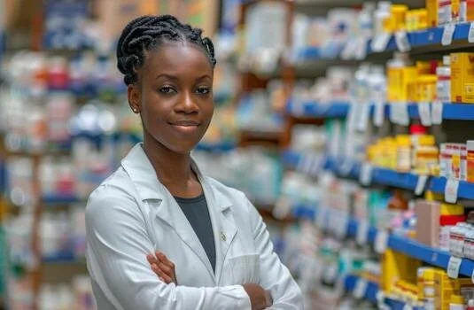 A woman in a white lab coat standing with arms crossed in a pharmacy aisle surrounded by shelves of medication