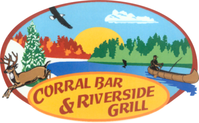 A colorful logo for Corral Bar & Riverside Grill featuring a sunset over a river, trees, a deer, a person fishing in a boat, and birds flying in the sky.