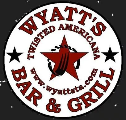 Logo for Wyatt's Bar & Grill, featuring a circular design with a red star, a black flame torch, and the website www.wyattsta.com, with red and black text on a white background.