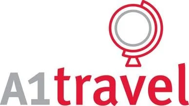 Logo with a circular design and the text "A1 travel" in gray and red