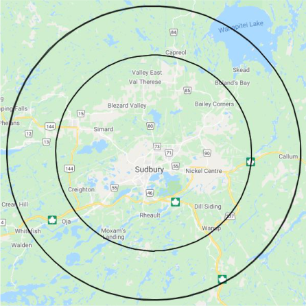 Map showing Sudbury, Ontario, with concentric circles indicating coverage zones, surrounding towns, lakes, and highways.