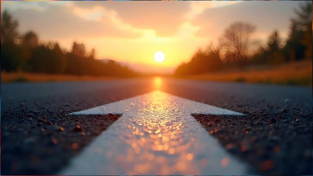 Low-angle view of a road with a white arrow pointing forward, set against a backdrop of a sunset and trees.