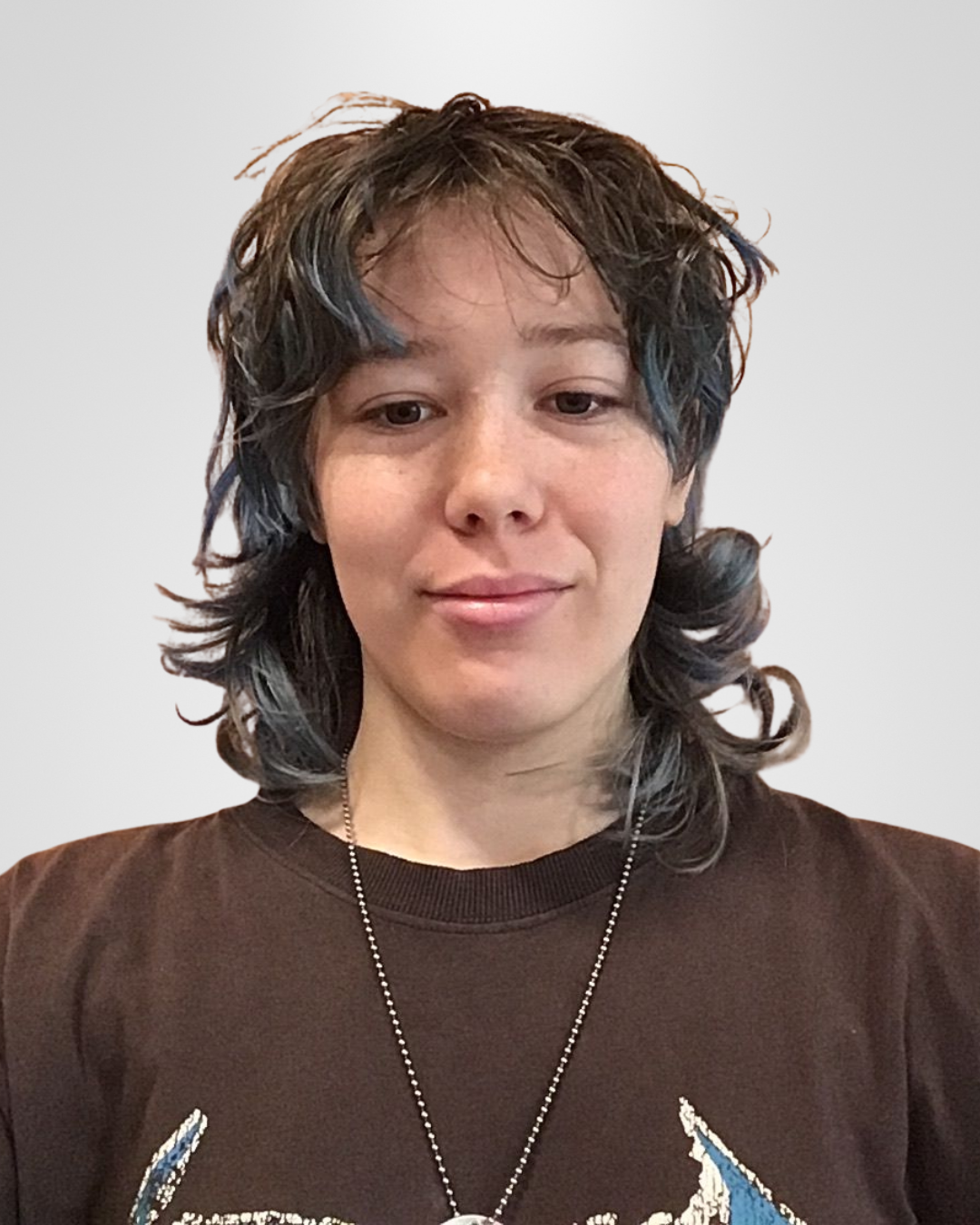 A woman with curly, shoulder-length hair with blue highlights, wearing a dark brown t-shirt and a necklace, smiling slightly against a plain white background.