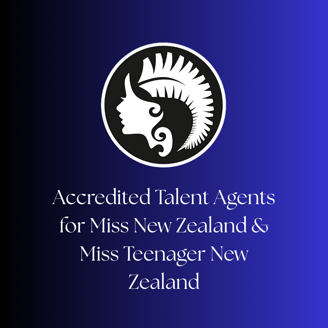 Logo of Accredited Talent Agents for Miss New Zealand and Miss Teenager New Zealand, featuring a stylized silhouette of a queen with a headdress.