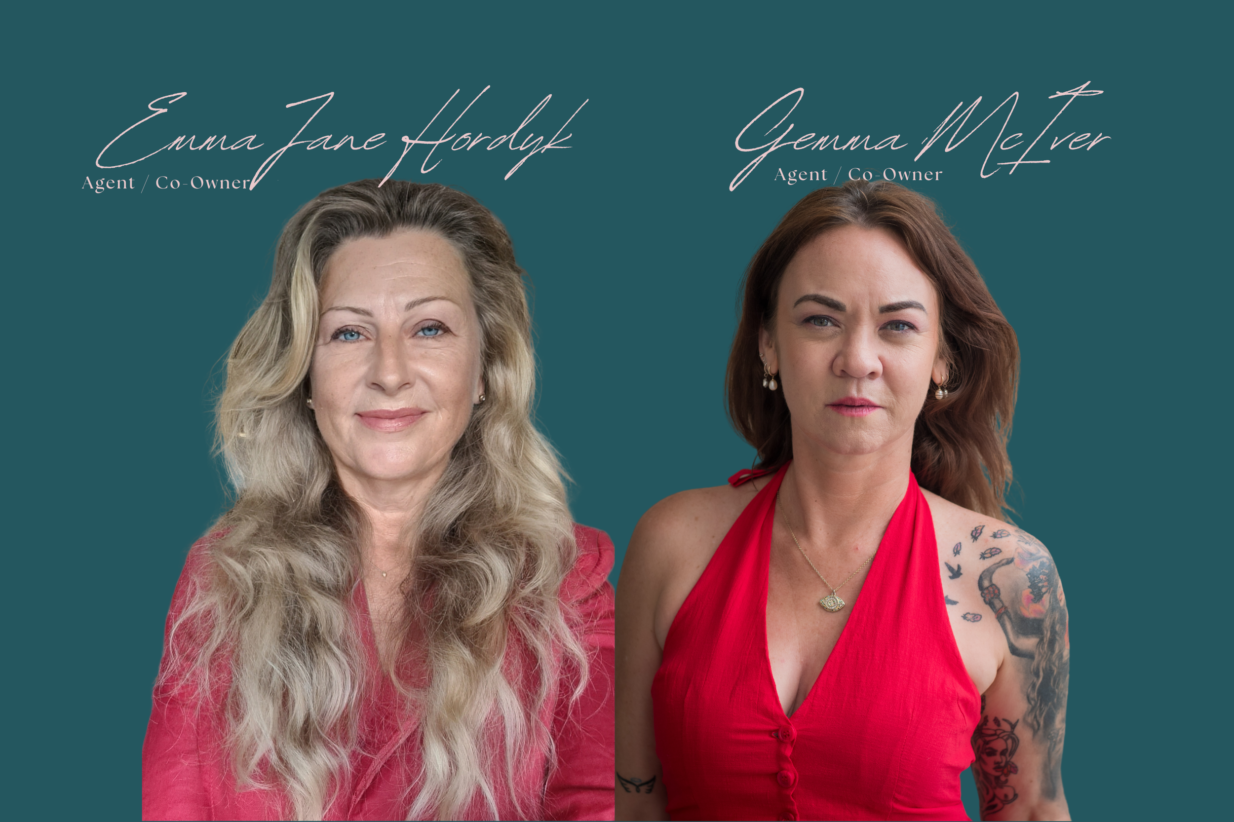Side-by-side portrait of two women with text above their heads. The woman on the left has long wavy blonde hair, wears a pink top, and is smiling softly. The woman on the right has shoulder-length reddish-brown hair, wears a red halter top, and has tattoos on her right arm, with a serious expression.