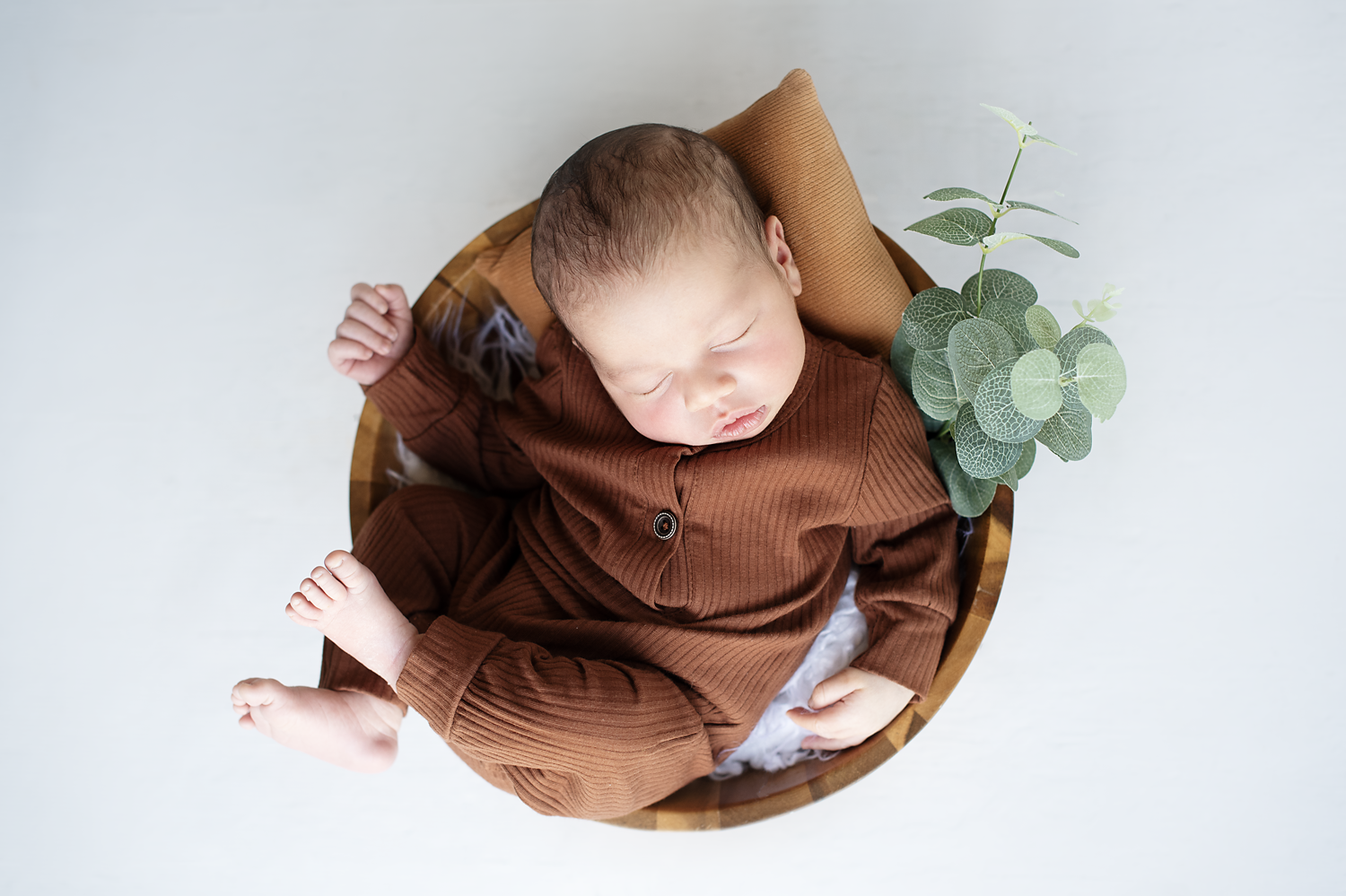 A sleeping baby dressed in brown pajamas lying in a round wooden basket with a small green plant and a brown pillow.