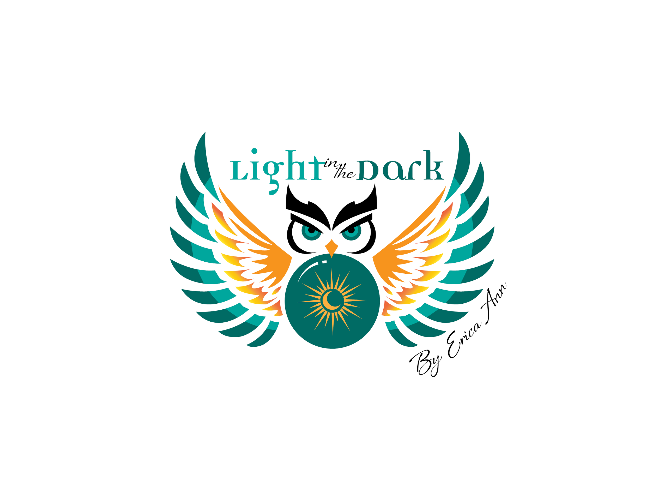 Logo with an owl with outstretched wings, with text 'Light in the Dark' above and 'By Ericia Ann' below, featuring a celestial motif.