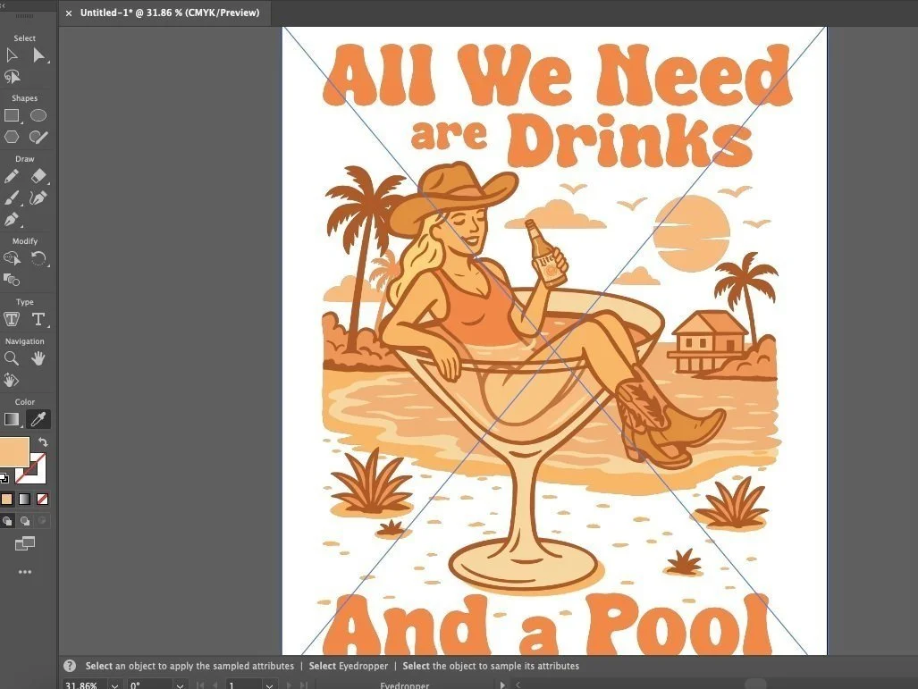 Illustration of a woman in a swimsuit and cowboy hat relaxing in a cocktail glass pool with palm trees, a house, a sunset, and clouds in the background, with the text "All We Need are Drinks And a Pool" at the top and bottom.