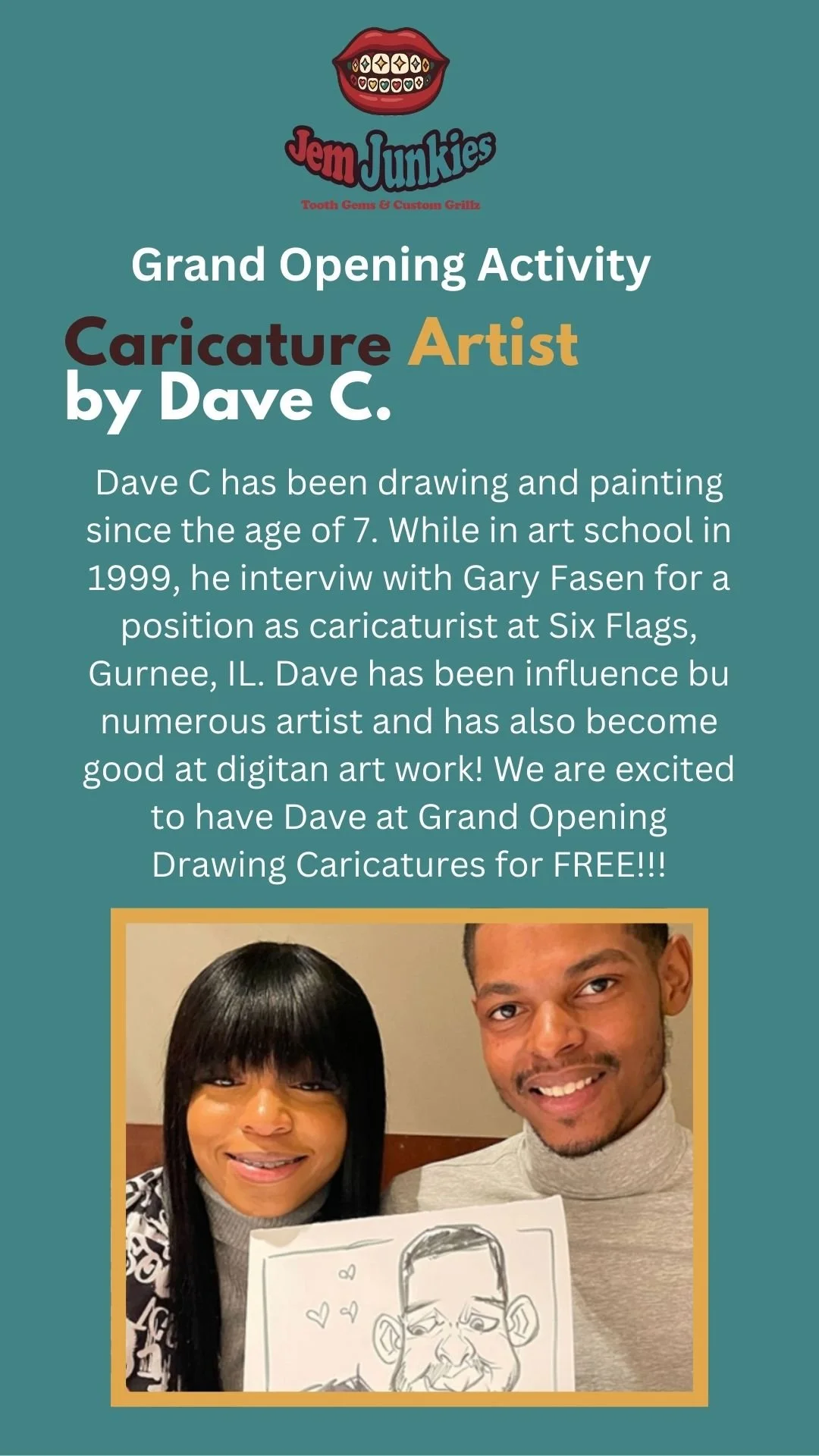 Poster announcing the grand opening activity for a caricature artist, featuring a photo of a man and woman holding a caricature drawing, with the logo of JEM Junkies at the top.