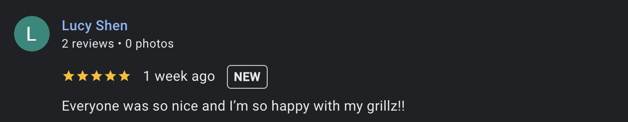Lucy Shen with two reviews, no photos, a five-star rating, and a comment praising the Jem Junkies grillz and good experience.