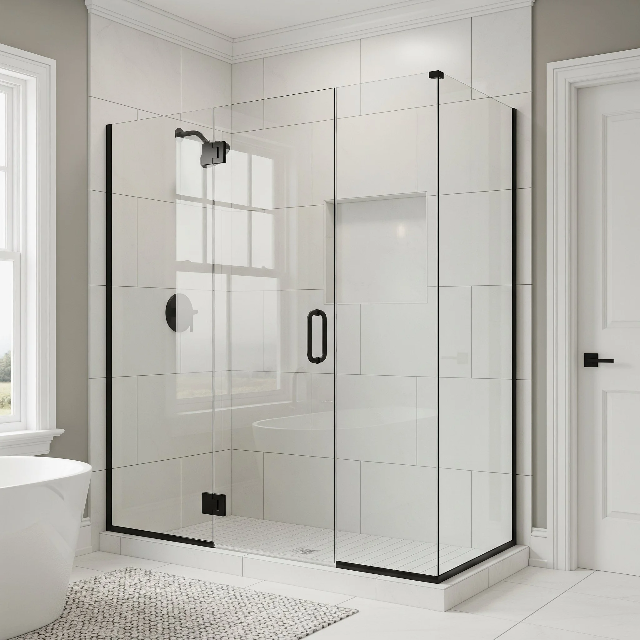 A modern bathroom featuring a glass enclosure for a shower with a black handle and frame, white tiled walls, a window, and a white bathtub.