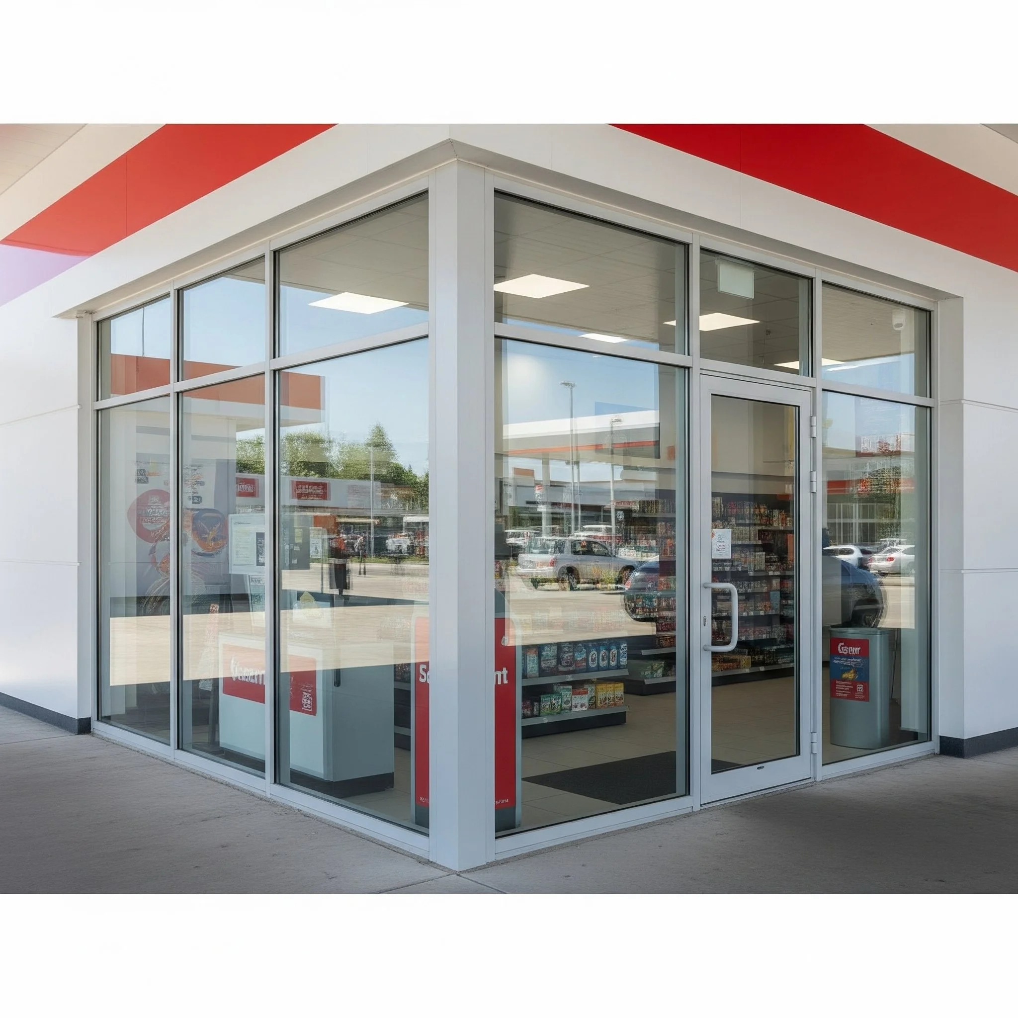 Corner store with large glass windows and door, shelves stocked with products inside, and cars parked outside visible through the windows.