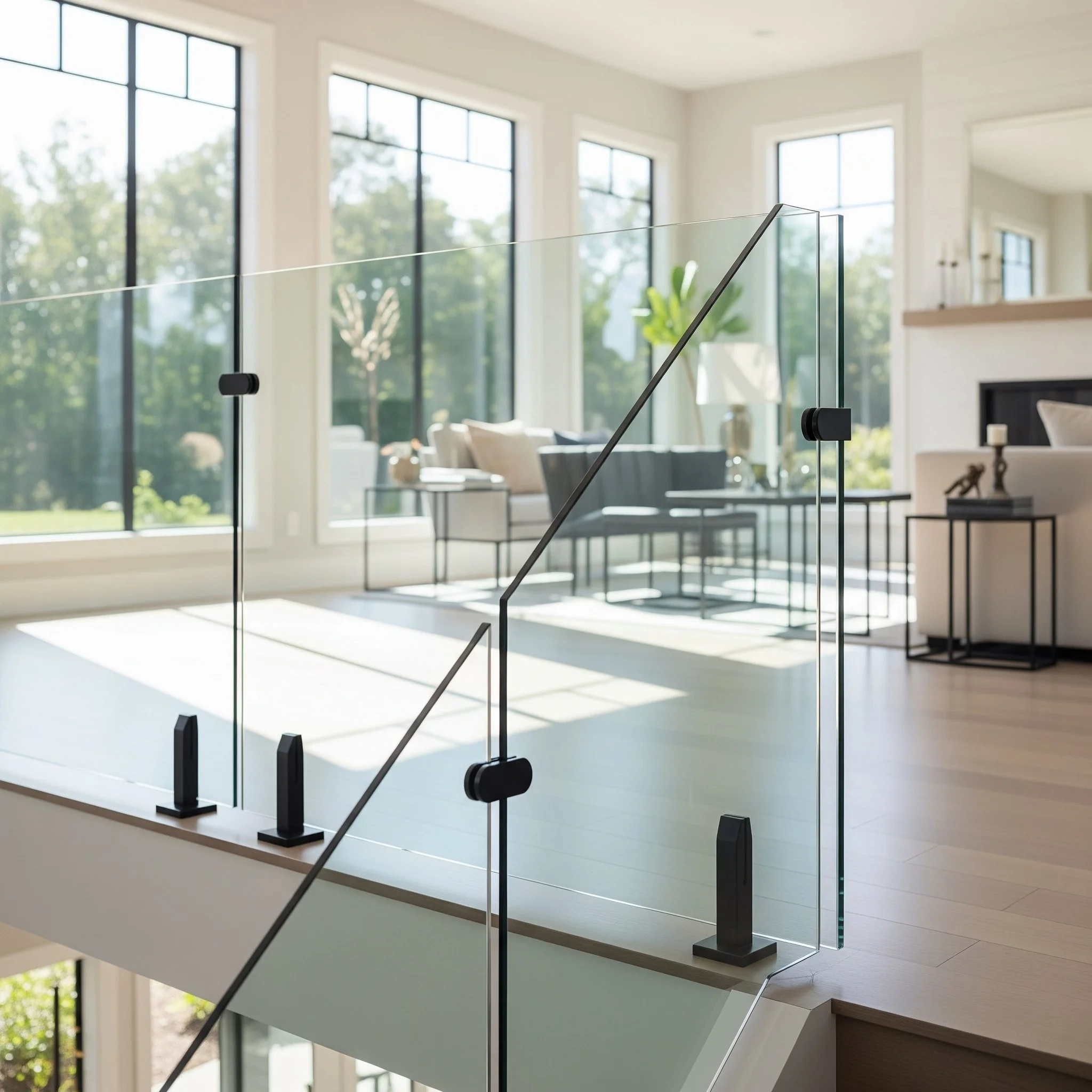 Interior of a modern, bright living room with large windows, a glass balcony railing, and minimalist furniture.