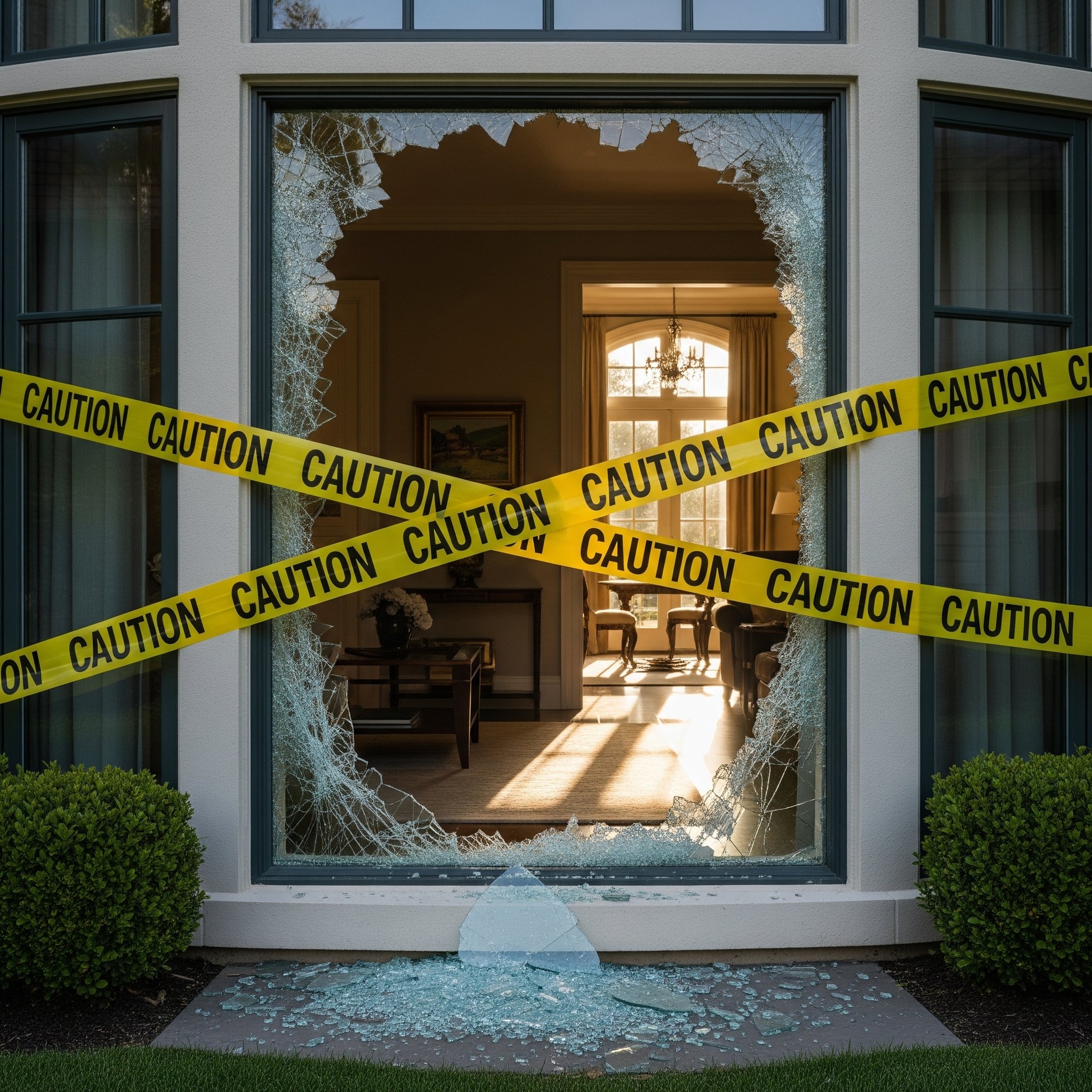 A house window has broken glass and caution tape across it, with sunlight streaming inside the room.