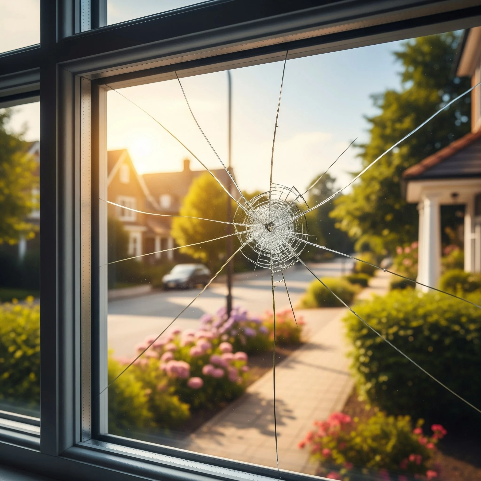 A broken window with a spiderweb pattern of cracks.