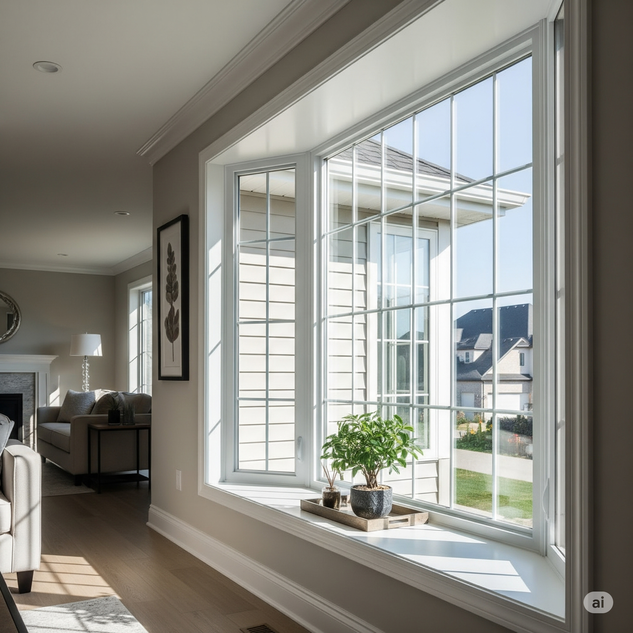 Sunny living room interior with a large bay window, two potted plants on the window sill, and a view of suburban houses outside.