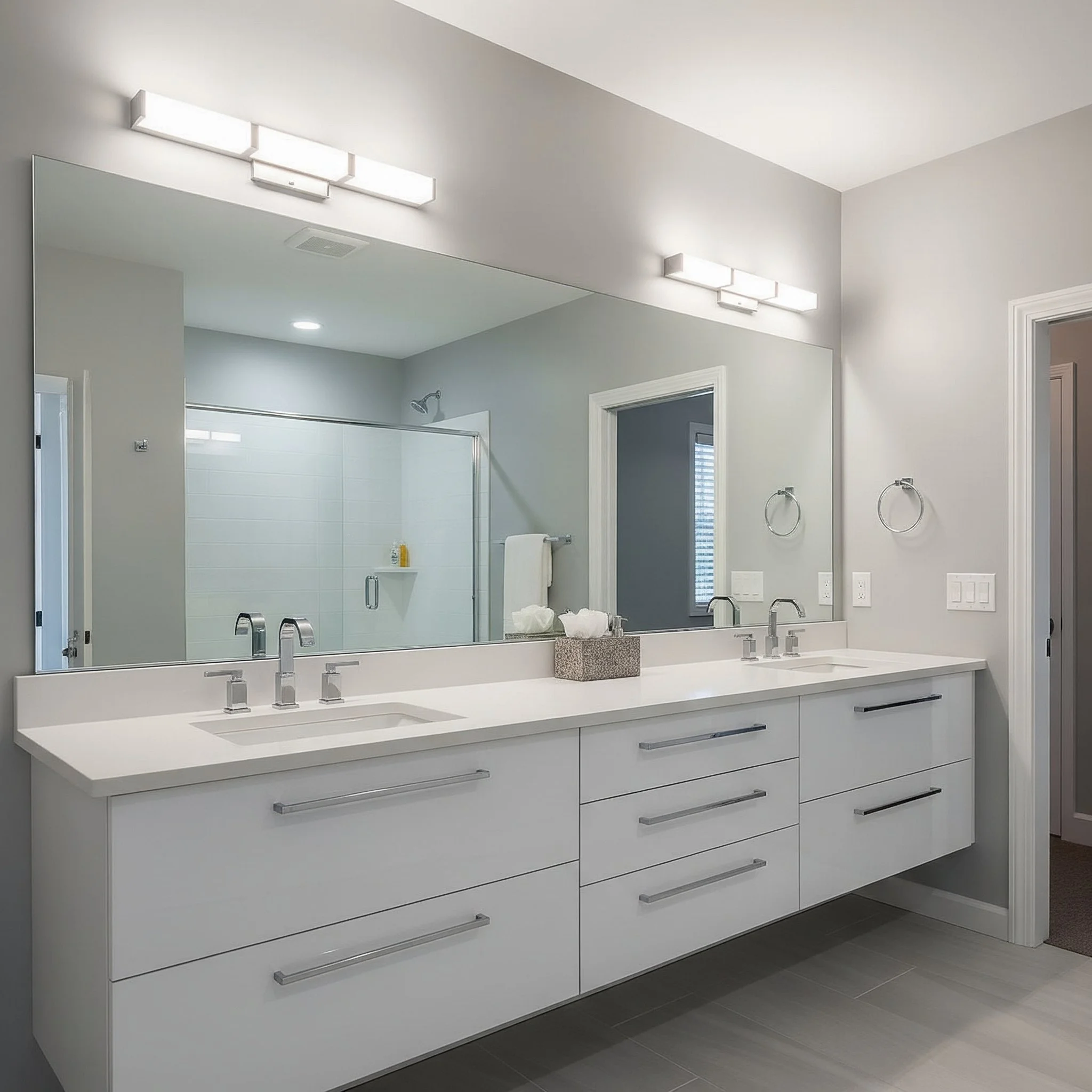 Clean modern bathroom vanity with double sinks, large mirror, LED light fixtures, and a walk-in shower in the background.