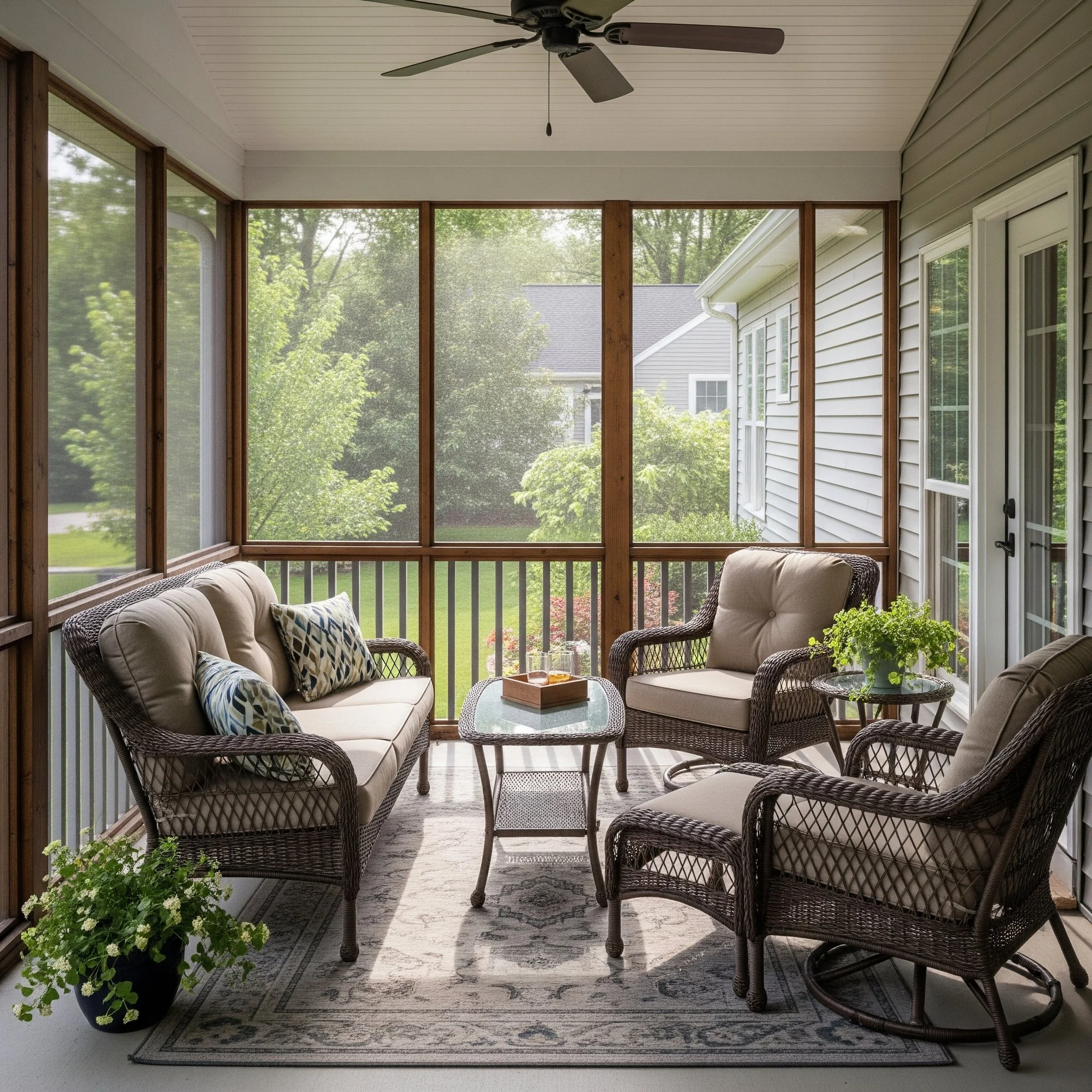 screened-in porch with wicker furniture, beige cushions, potted plants, a glass-top coffee table with drinks, and a ceiling fan, overlooking a green backyard.