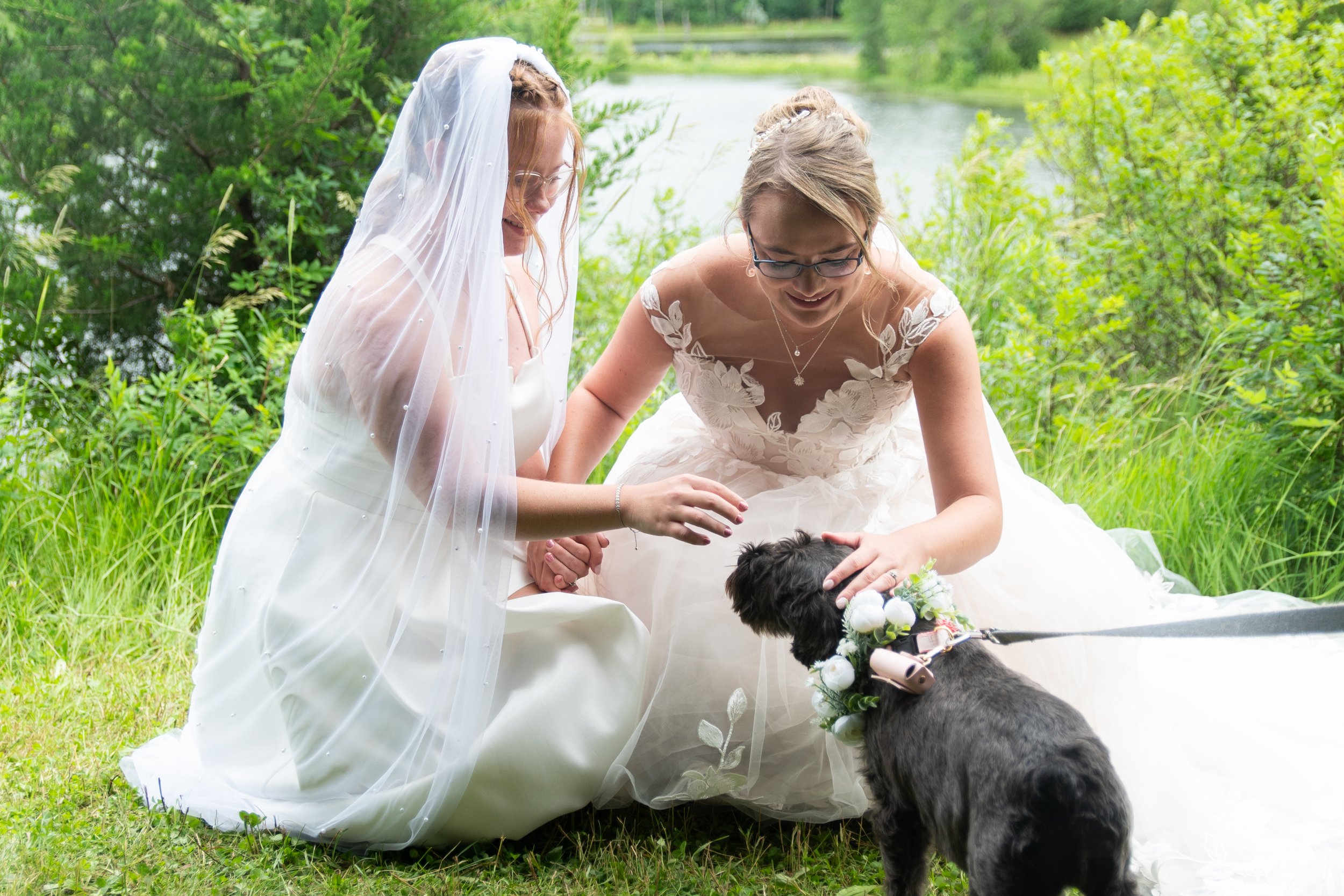 Minnesota couple with their dog on their wedding day surrounded by nature.