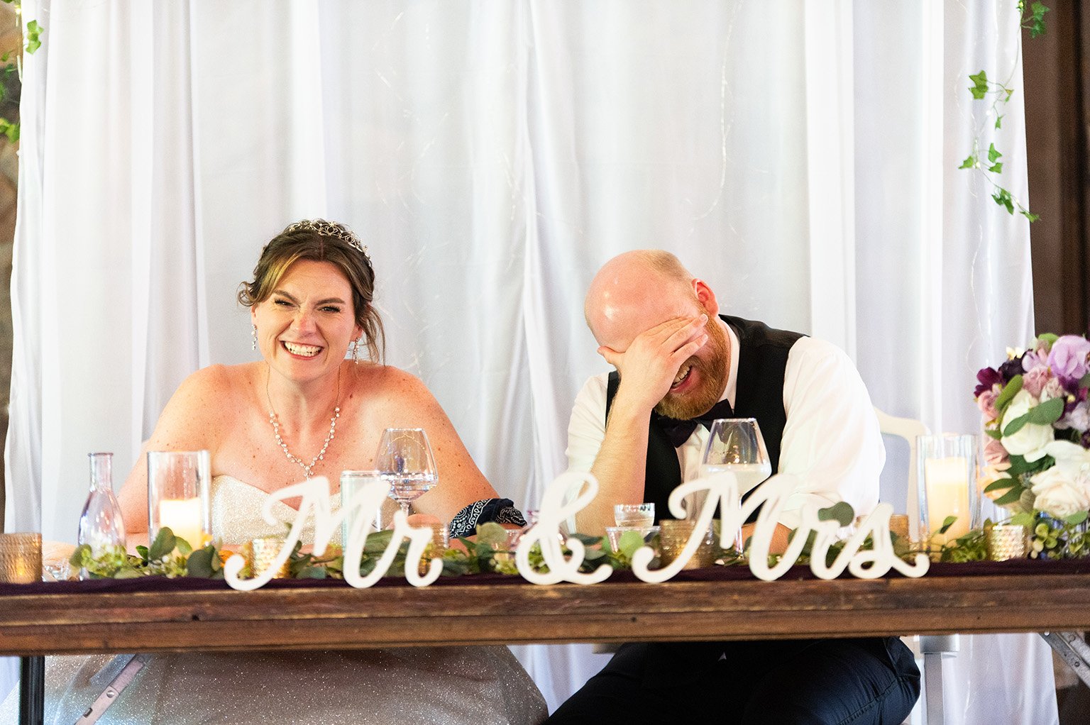 Bride and groom at wedding reception at the Glen Farm in Cottage Grove, Minnesota.