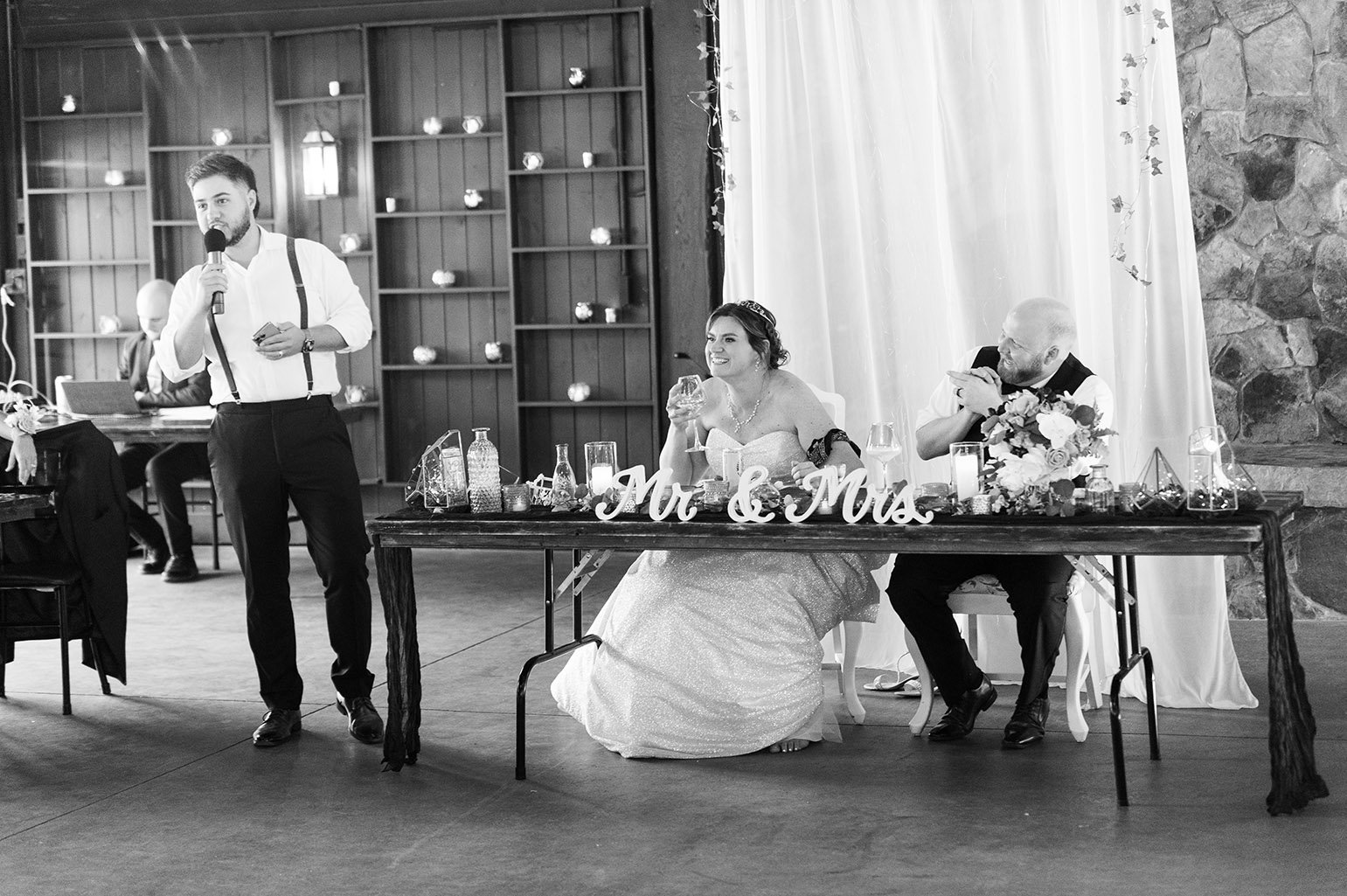Bride and groom at wedding reception at the Glen Farm in Cottage Grove, Minnesota.
