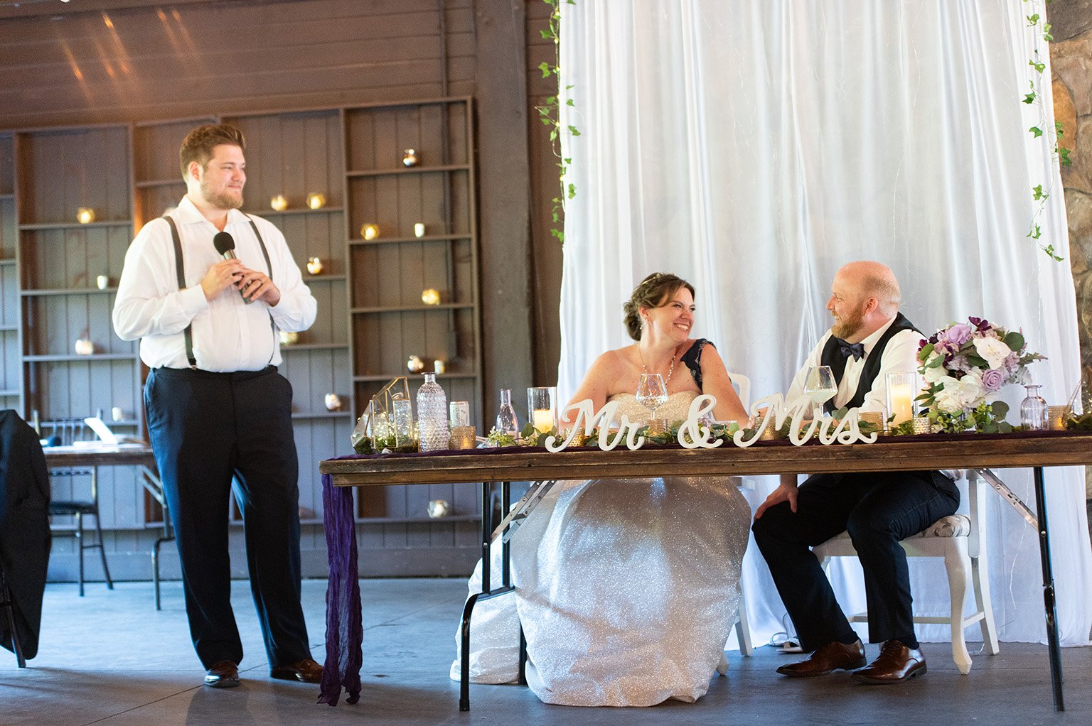 Bride and groom at wedding reception at the Glen Farm in Cottage Grove, Minnesota.