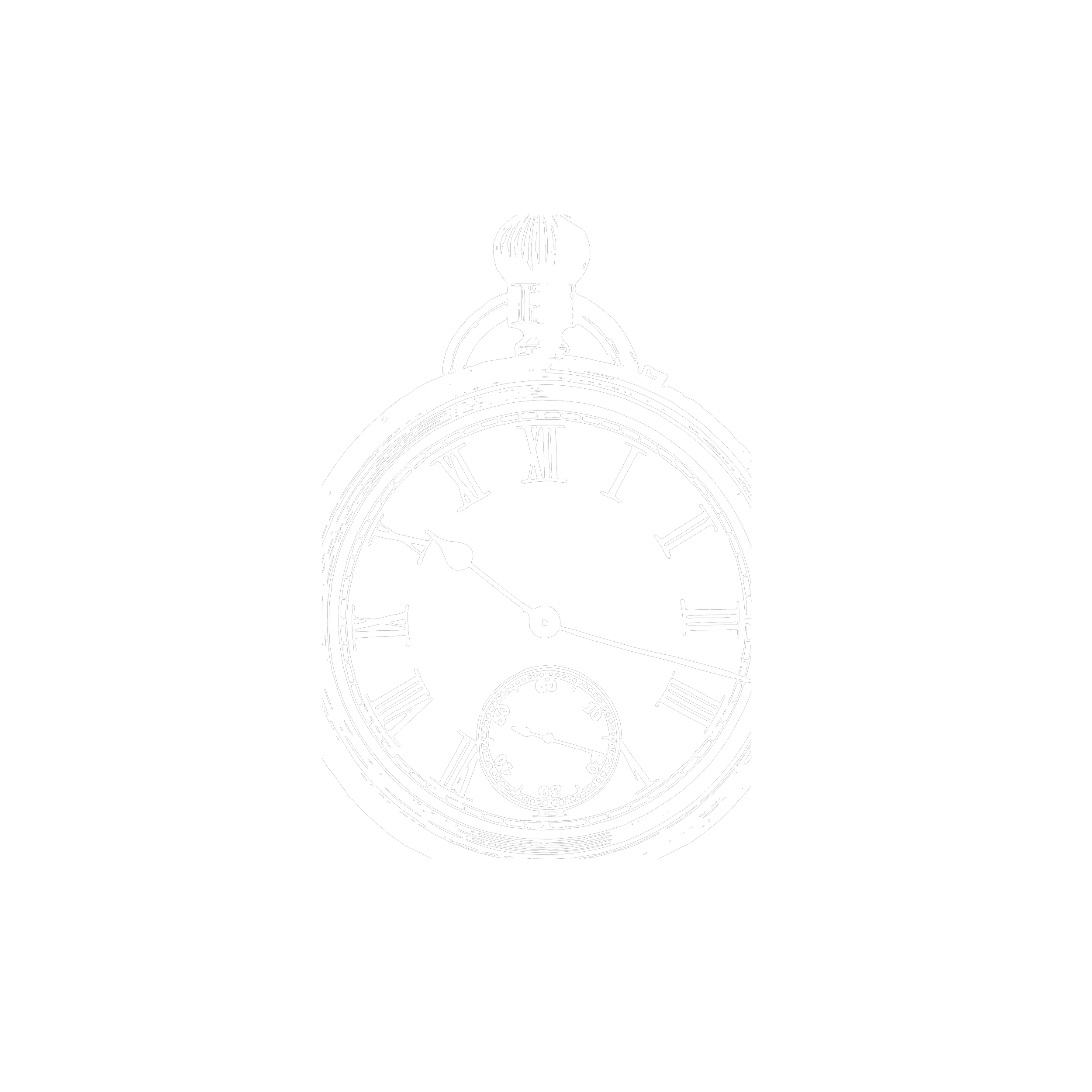 Black and white illustration of a pocket watch with Roman numerals and a smaller seconds dial