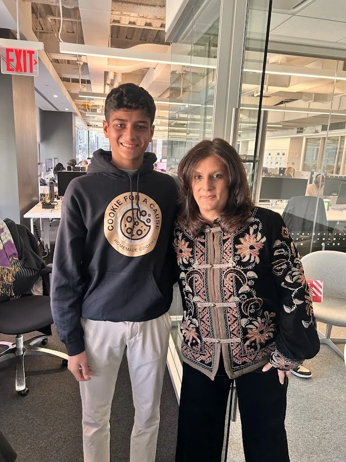 Cookie for a Cause founder Vihaan Kamath with Devika Bulchandani, Chief Operating Officer of WPP, at WPP office in New York City
