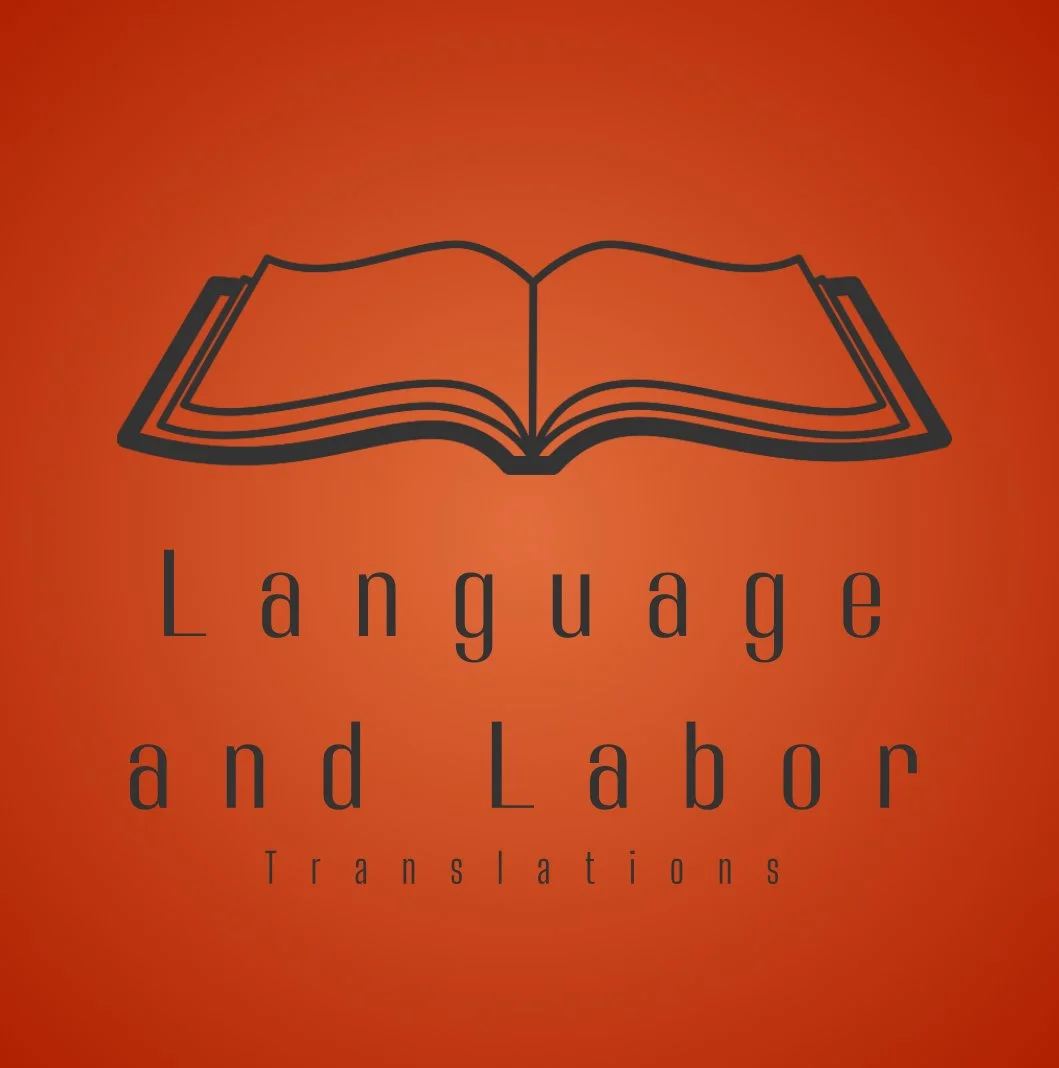 An open book icon with the words "Language and Labor Translations" written below on an orange gradient background.
