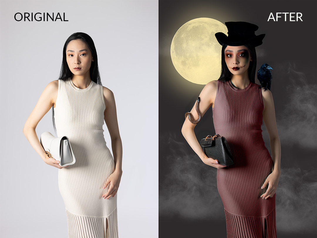 The transformation involved traditional Photoshop adjustments such as color grading, lighting enhancement, and texture refinements to create a moody atmosphere. These were combined with AI generative fill techniques to seamlessly introduce complex ne