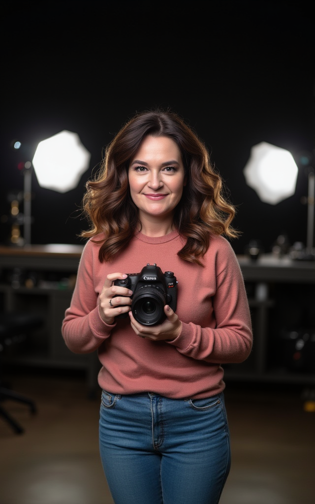 A woman with wavy brown hair smiling and holding a Canon camera in a photography studio with two large studio lights in the background.