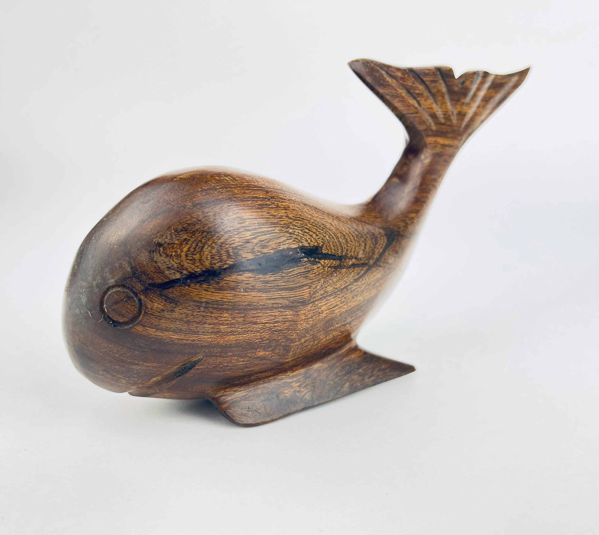 Vintage Hand-Carved Wooden Whale Figurine – Dark Stained Nautical Nursery Decor
