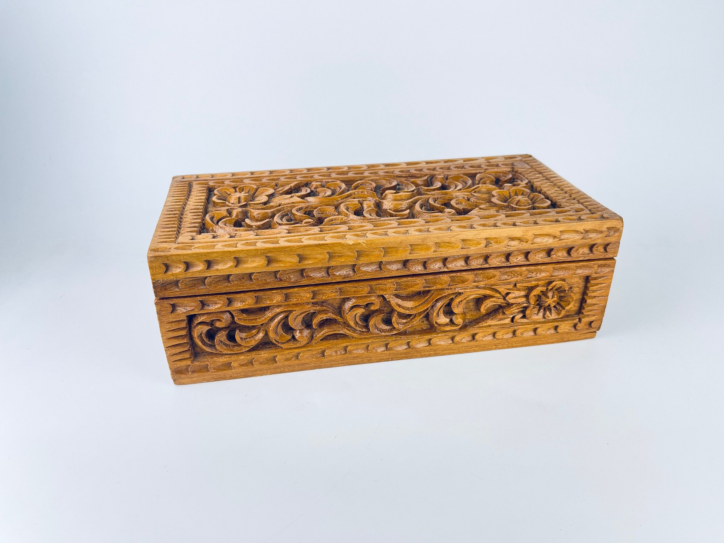 Vintage Ornate Carved Wood Floral Jewellery Box - Velvet Fabric Lined - Gift For Her