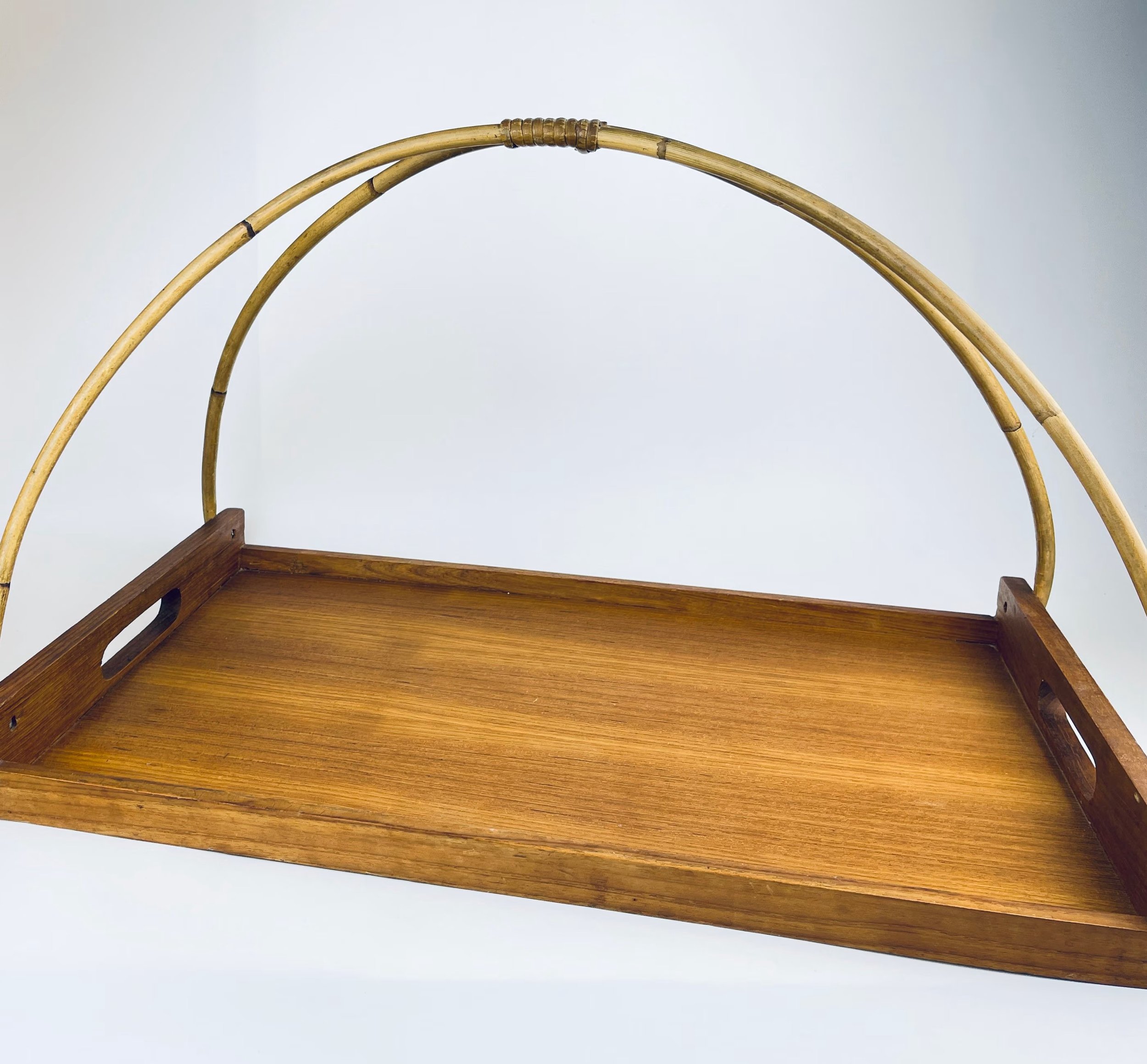 Vintage 1970s Teak & Bamboo Serving Tray – Boho Wedding & Patio Decor