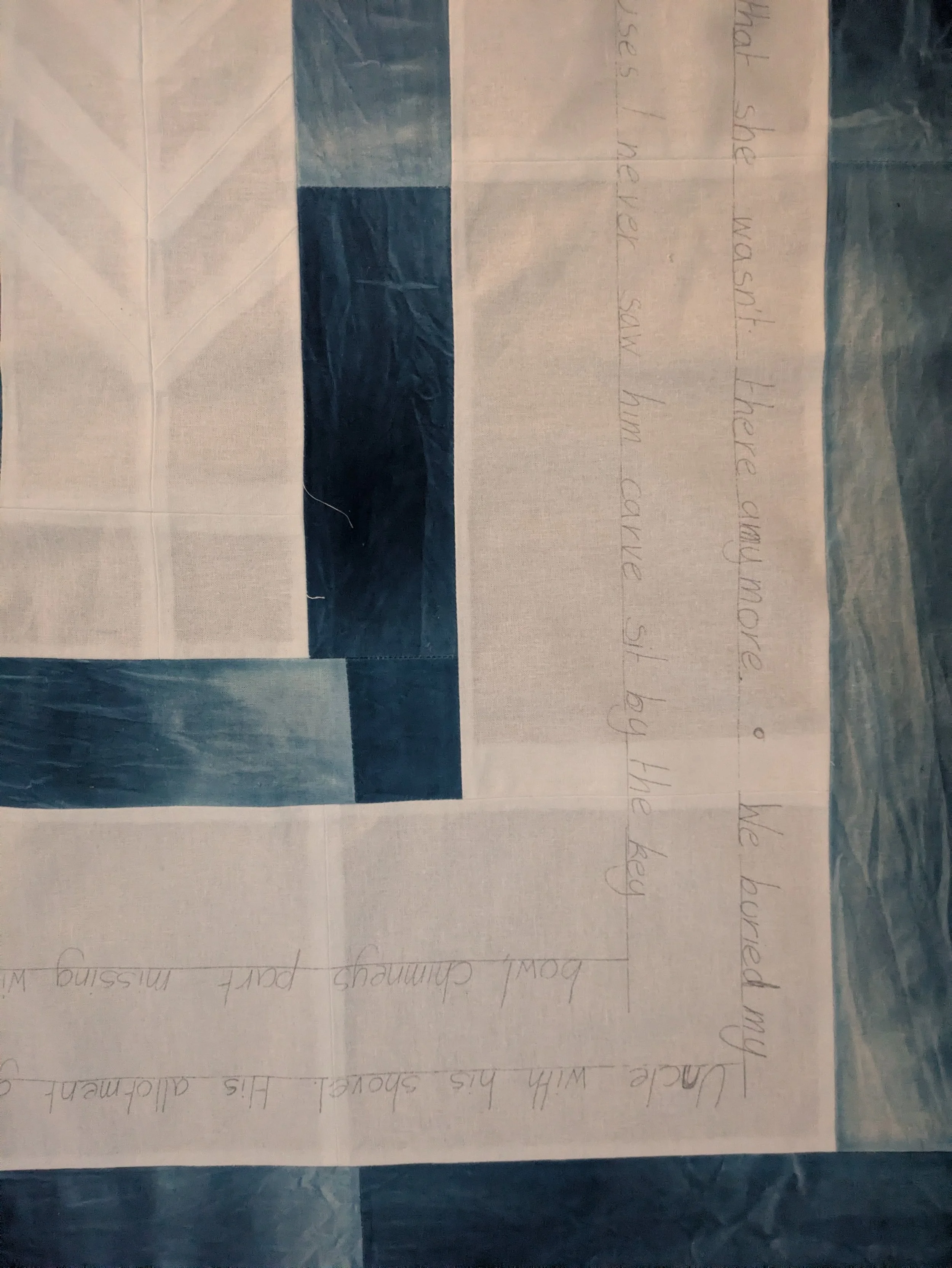 All the text was hand written onto the fabric in heat erasable pen before embroidering. 
