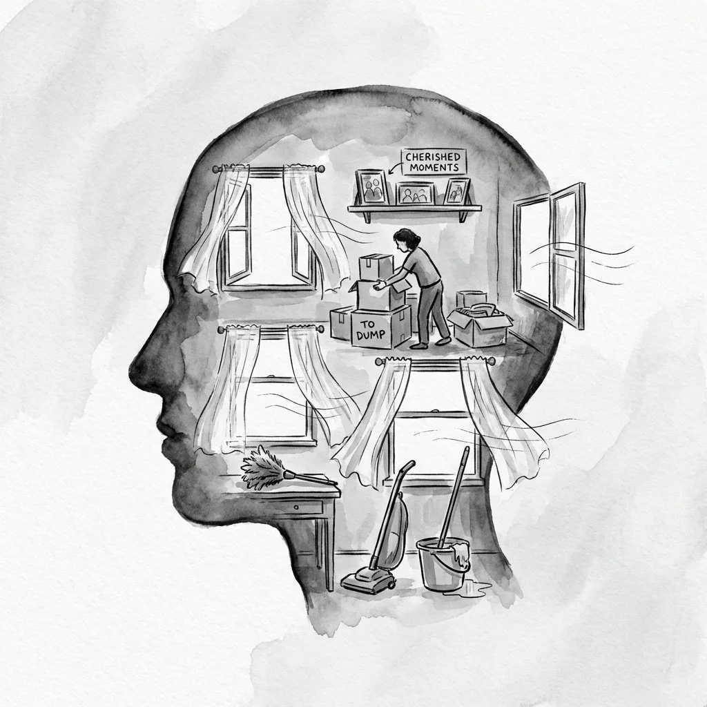 a person works to clear out the mental clutter, deciding which moments are cherished, which memories need to be let go, letting fresh air and space into their mind and life.