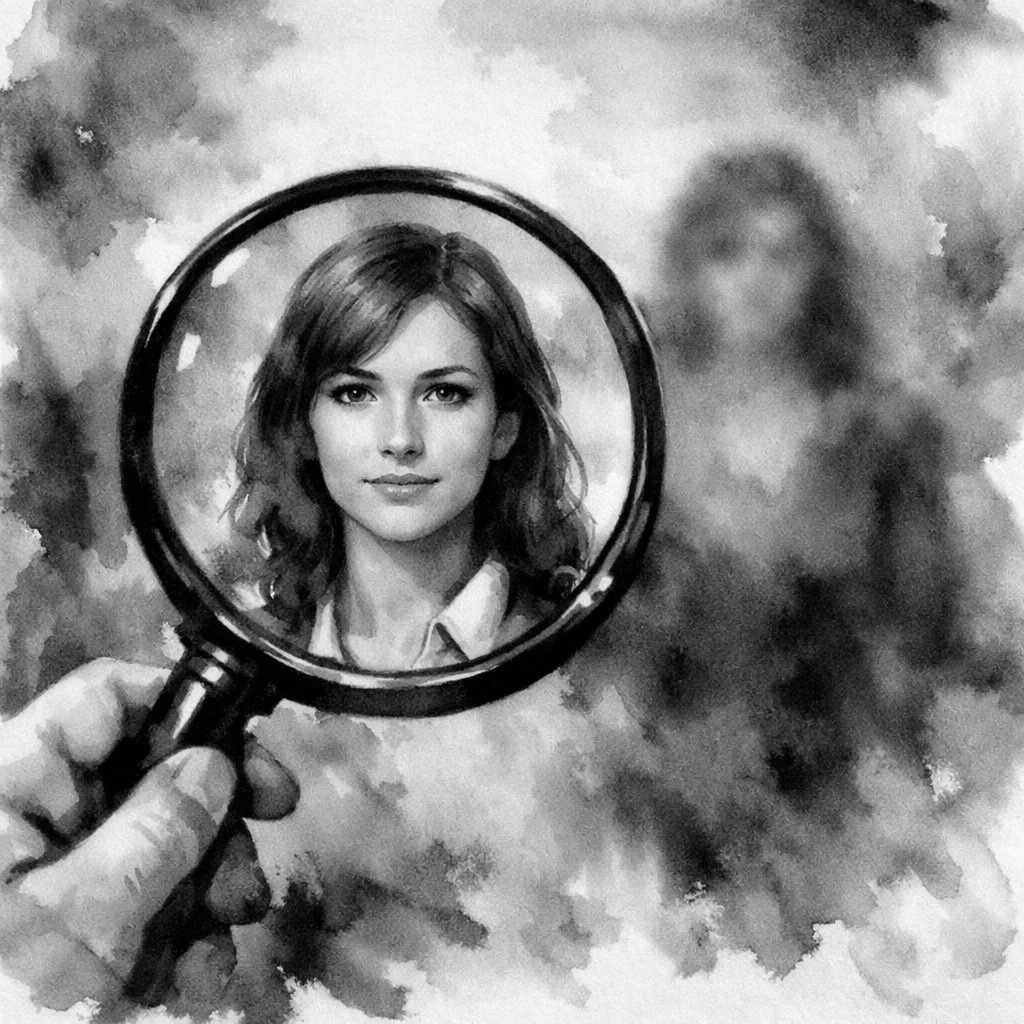 A man looks through a clear lens to see a woman clearly