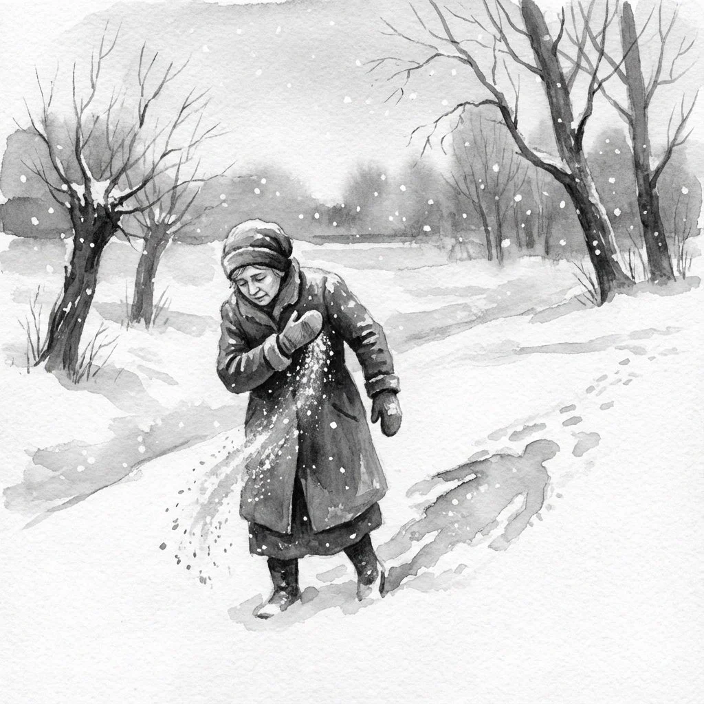 A woman walks through the snowy winter, dusting herself off and moving on.
