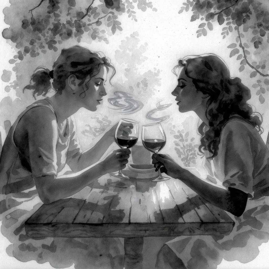 two women sitting at a picnic table in a park, surrounded by trees, talking while having a glass of wine