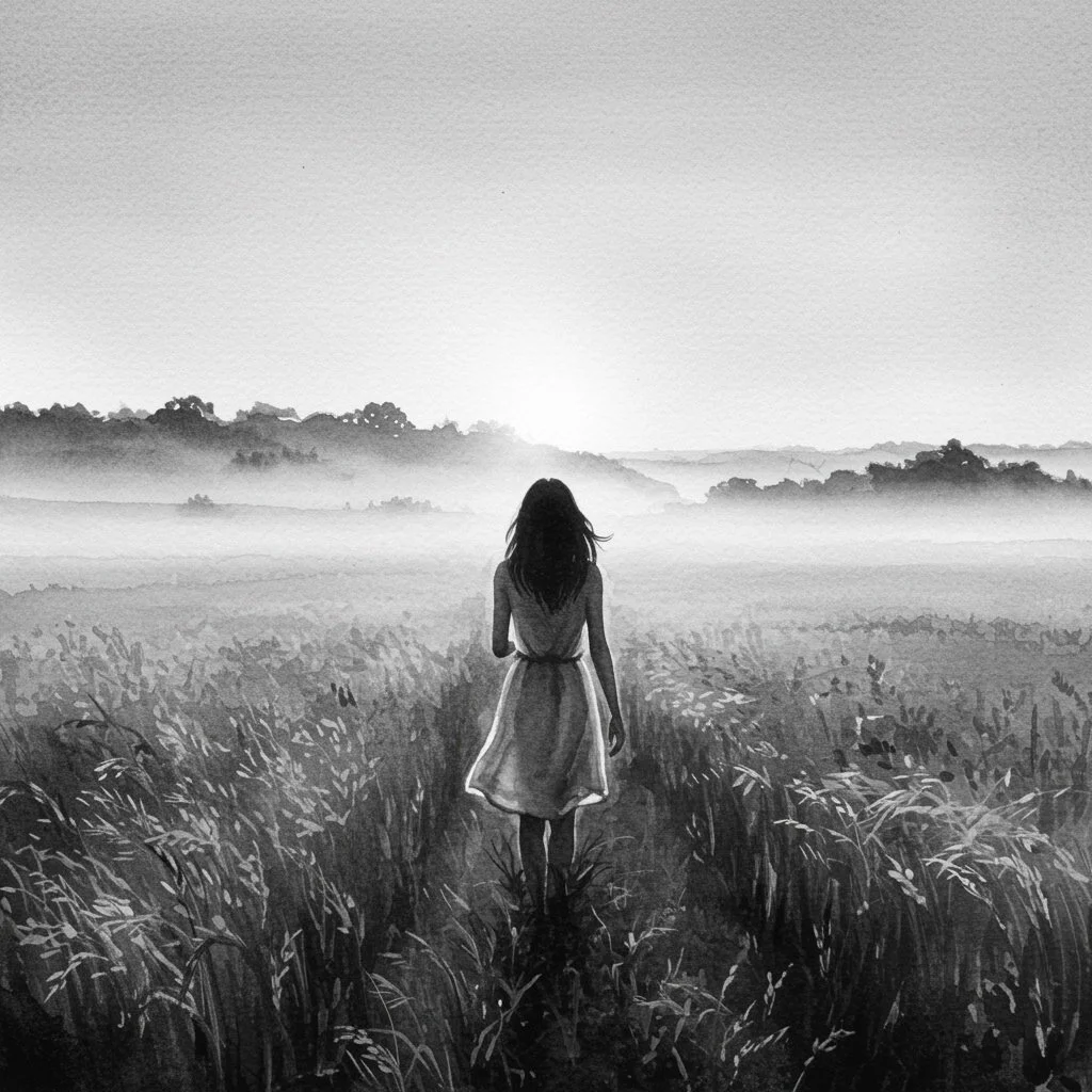 a woman walks through a dewy wheat field towards as the sunrise clears the fog