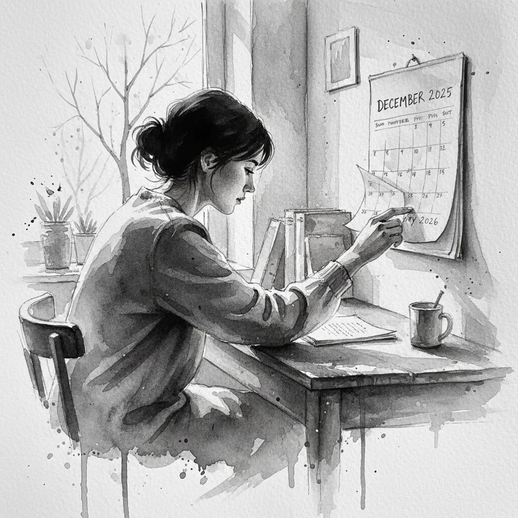 a woman sits at a desk changing a calendar from December to January, thinking about the year that has passed and the year that begins