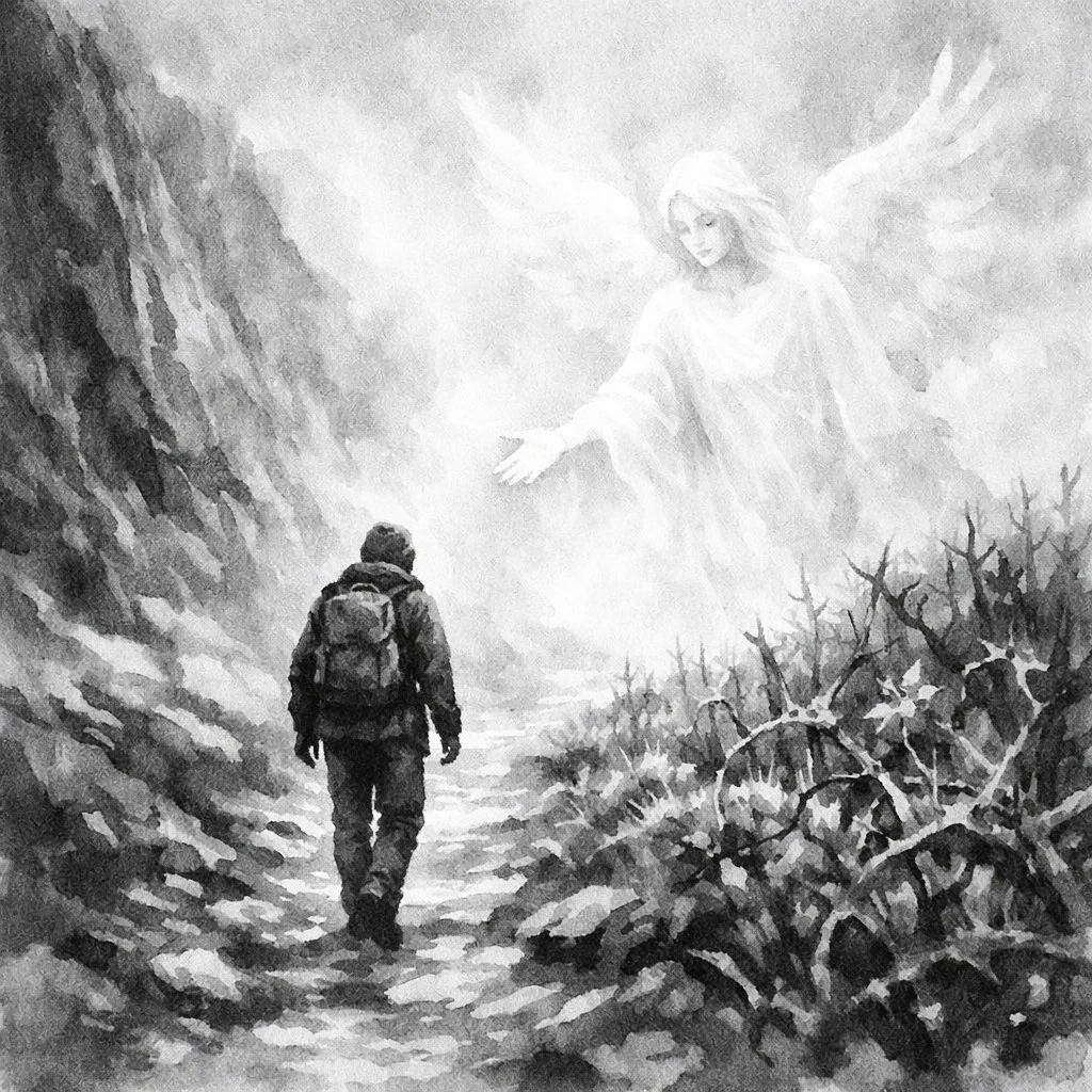 an angel guides traveler down a trail, keeping them out of the thorns on one side of the path and off the steep mountain on the other side of the path