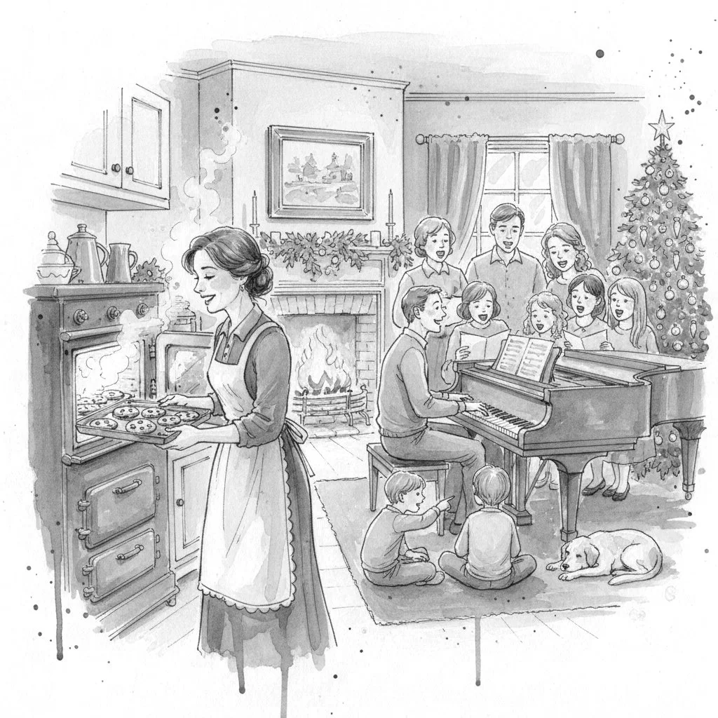 mom takes cookies out of the oven, a family gathers around the piano singing carols in a room decorated for the holidays and a fire burning in the fireplace