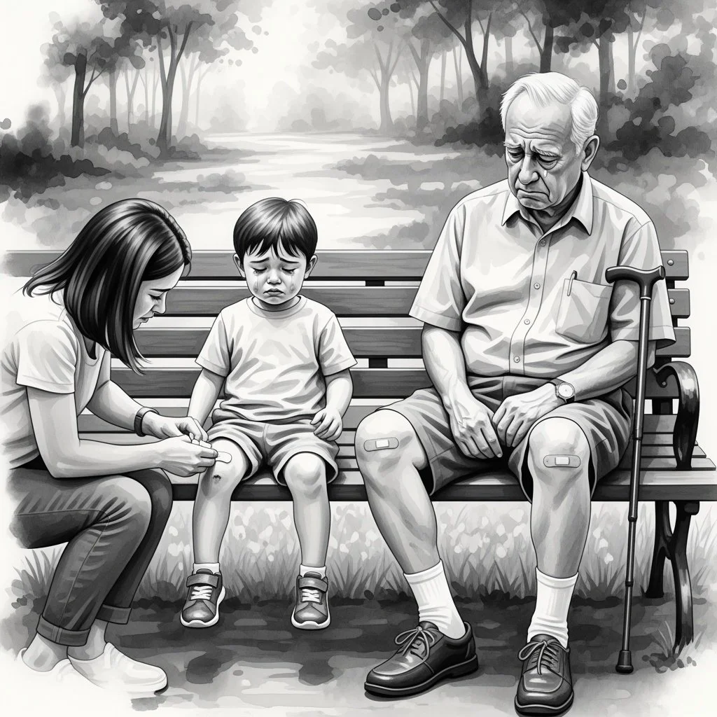 A grandpa and grandson have bandages on their knees from bumps and bruise. Each is having their wounds tended to by the mom who is also the daughter.