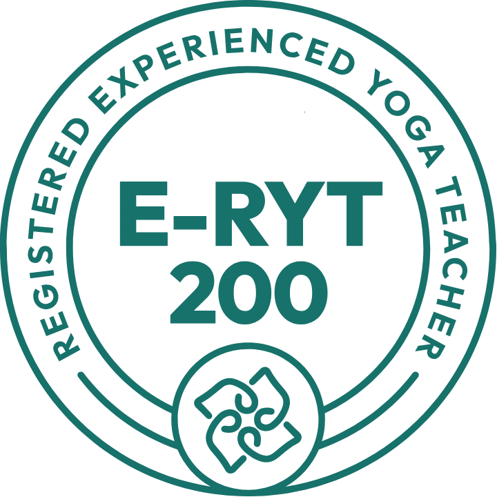 A circular badge with the text "Registered Experienced Yoga Teacher" around the edge and "E-RYT 200" in the center, with a small logo at the bottom of the circle.