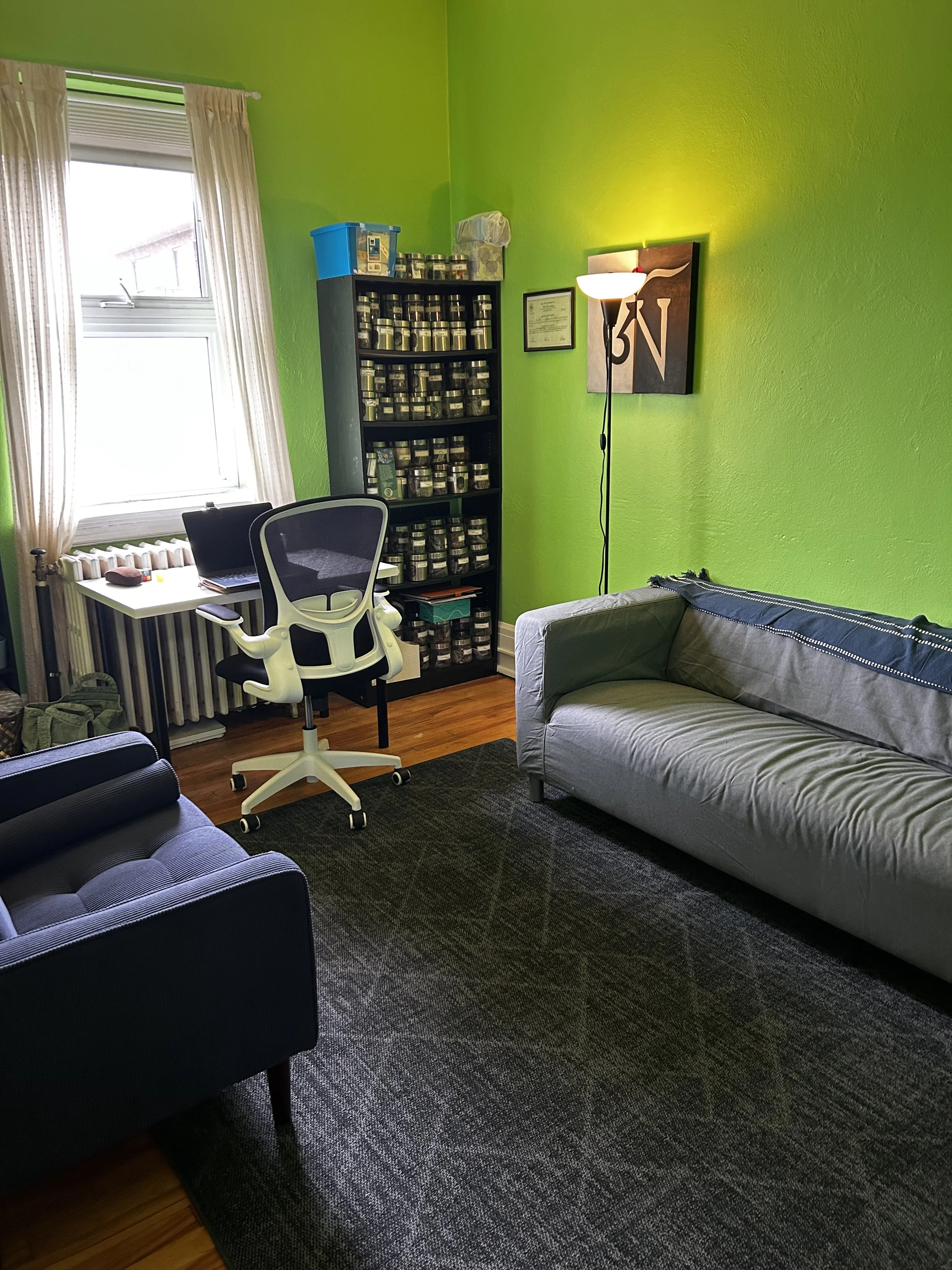 Warm, quiet therapy room at Interocare's Roncesvalles office with soft seating and natural light